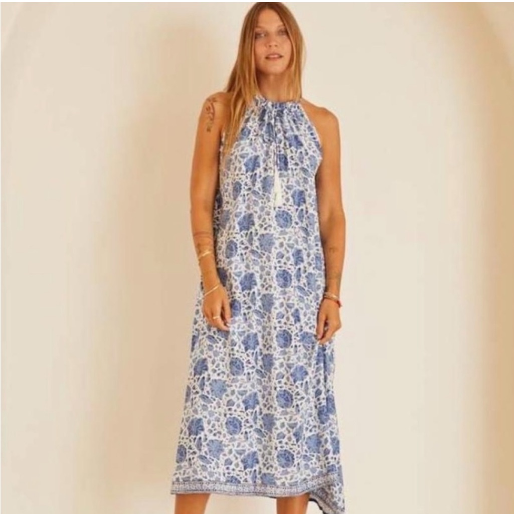 Natalie Martin Ivory And Blue Halter Maxi Dress